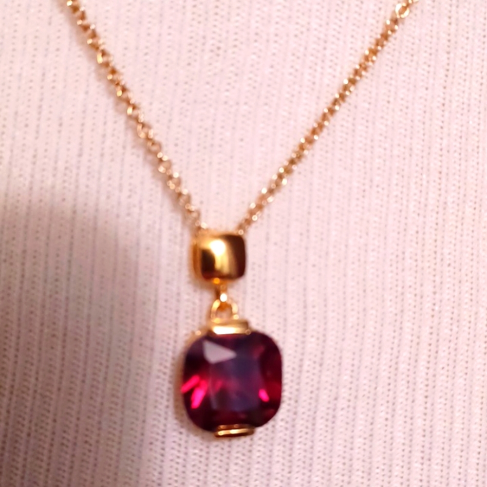 Simulated Ruby Pendant On Delicate 18" Goldtone C… - image 3
